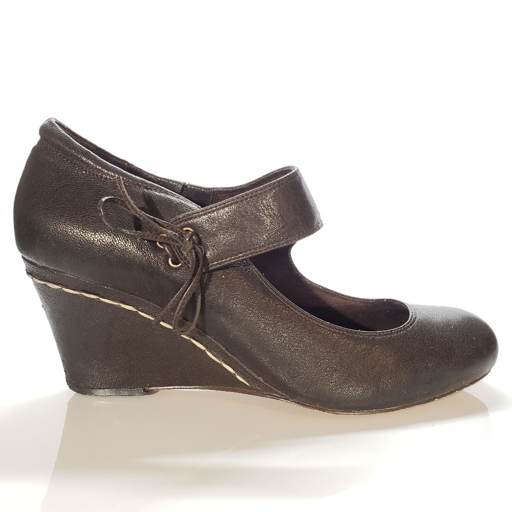 Antia Gray Leather Mary Jane Wedges Size 9WW! - Picture 1 of 7